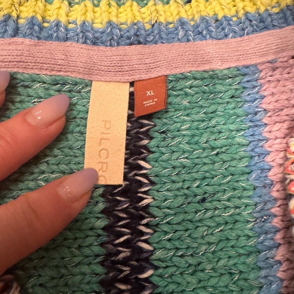 Pilcro Multicolor Striped Fringe V-Neck Cardigan - Green Blue Pink Orange Yellow - Picture 2 of 3